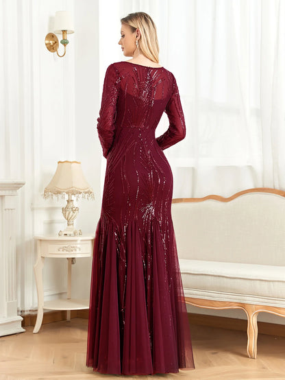 Elegant Long Sleeves Sequin Tulle Evening Dresses 2025 Women Luxury Mermaid Formal Bridesmaid Party Maxi Prom Dress