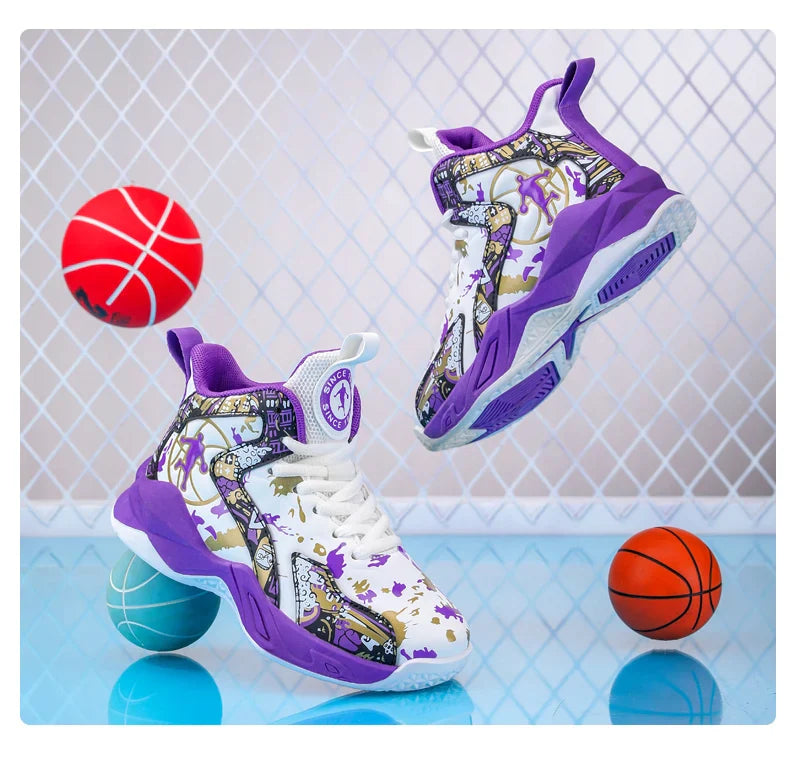 Original Children's Basketball Shoes Fashion Print Purple Basketball Sneakers Kids Training Shoes High Top Sports Shoes For Boys