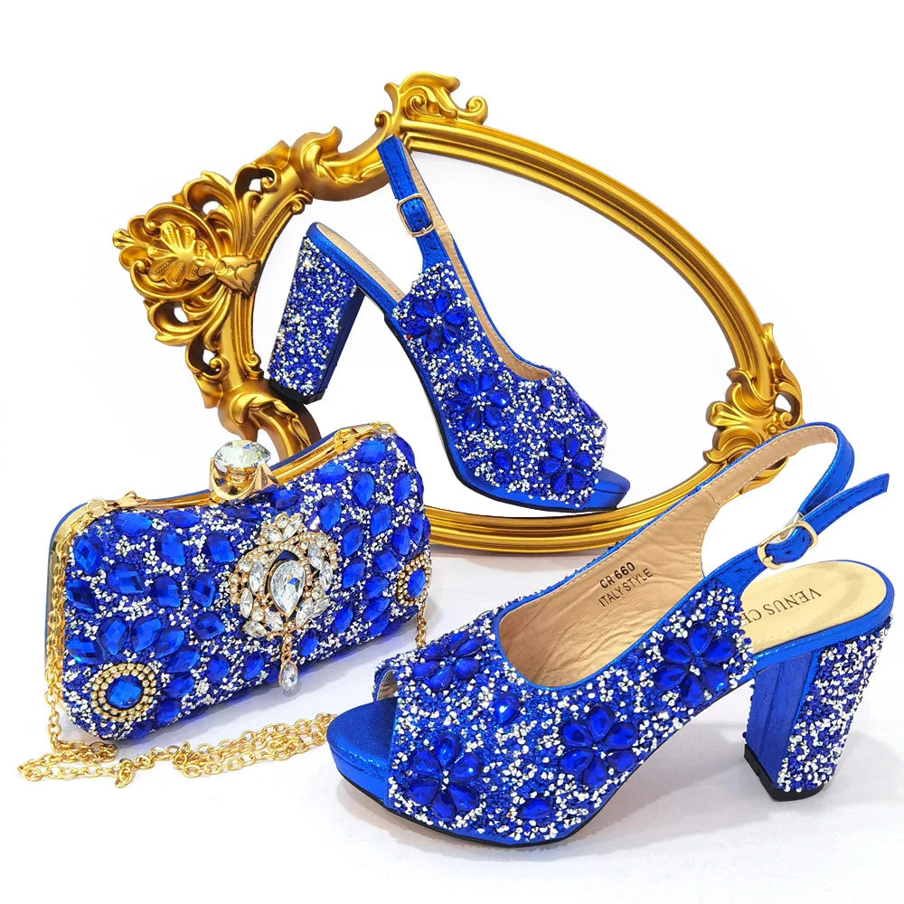 Luxury Fashion Ladies High Heel Slippers and Bags Set with Rhinestones for Wedding