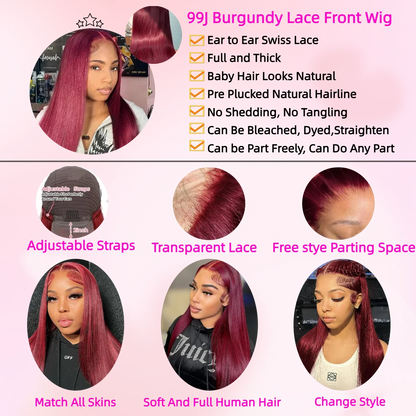 99J Burgundy  Straight Lace Front Human Hair Wigs 13x4 13x6 HD Transparent Full Lace Frontal Wig 200 Density Straight Hair Wigs