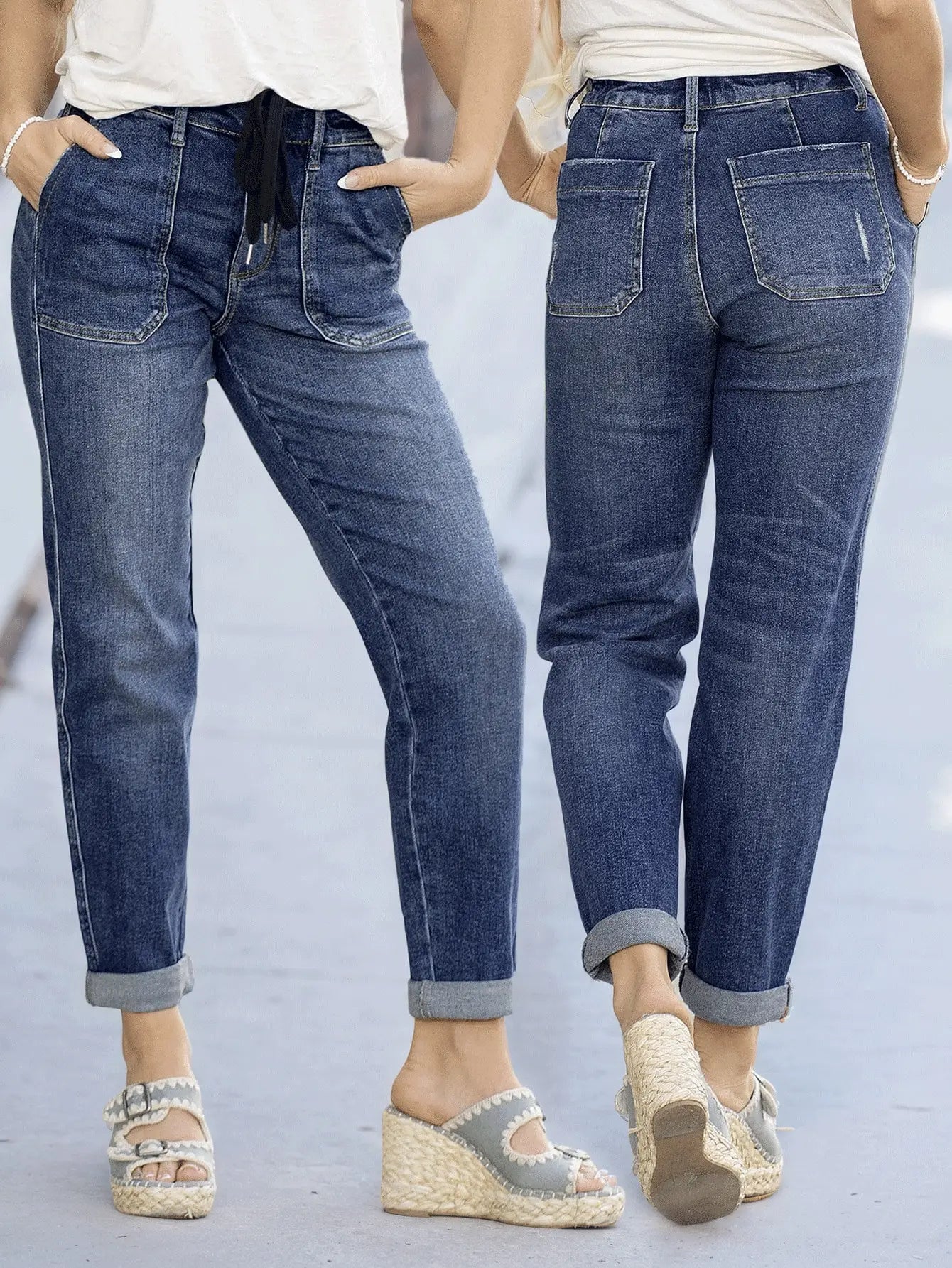 Women's Slim Fit Tie-Waist Washed Denim Jeans