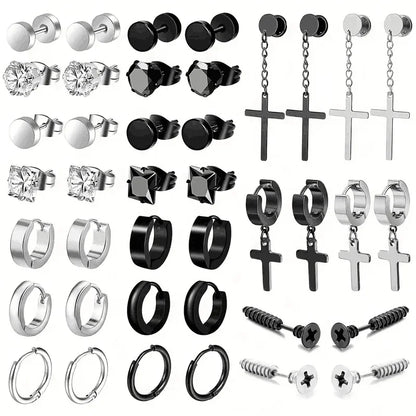 Simple Stainless Steel Zircon Stud Earrings For Men, Cross Pendant Hoop Earrings For Daily Wear