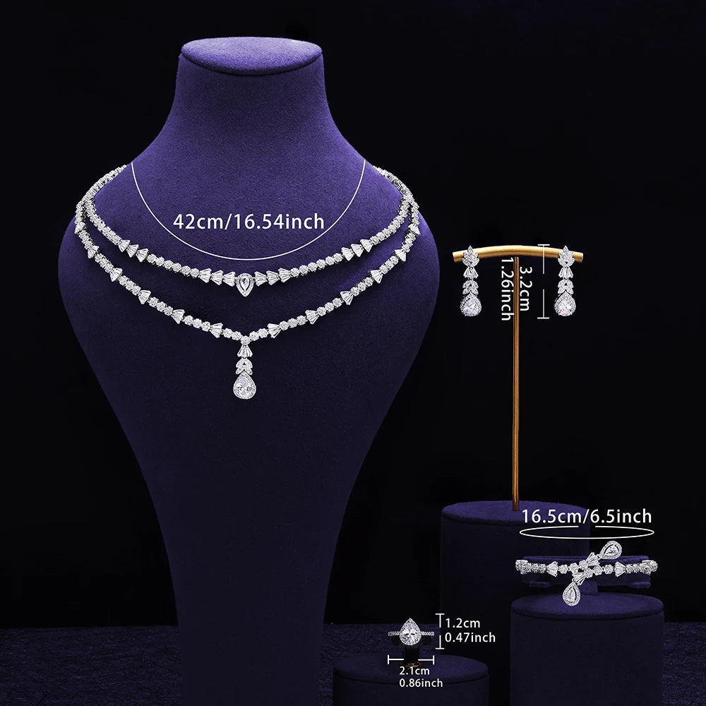 Double Layers Necklace Earring 4 Pieces Sets Luxury Cubic Zirconia Dubai Nigeria Wedding Bridal Jewelry Sets