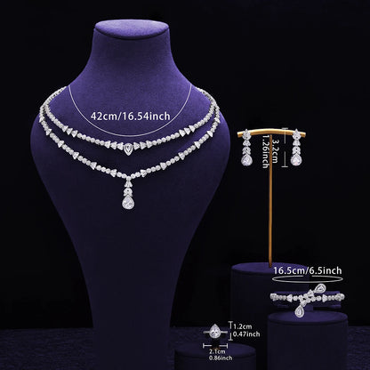 Double Layers Necklace Earring 4 Pieces Sets Luxury Cubic Zirconia Dubai Nigeria Wedding Bridal Jewelry Sets
