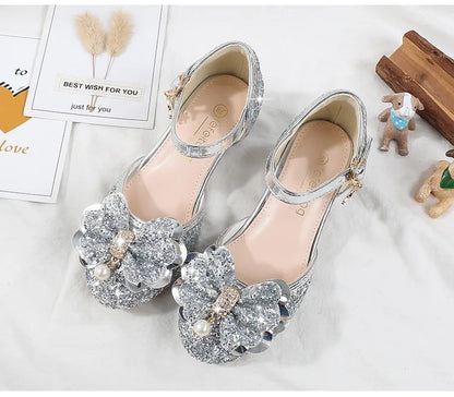 Children's Sandals for Party Wedding Elegant Bowknot Kids Girls Versatile Sequins High-heels Fashion Pearl Princess Single Shoes