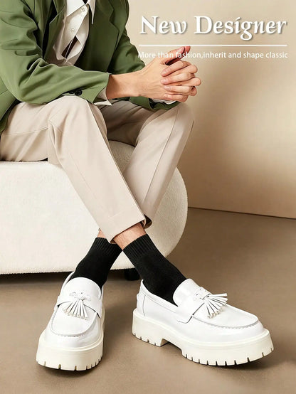 Fashion Tassel Thick Sole Leather Men's Shoes Loafers Slip-On Business Dress Shoes For Gentleman Glossy Formal Party White Shoes