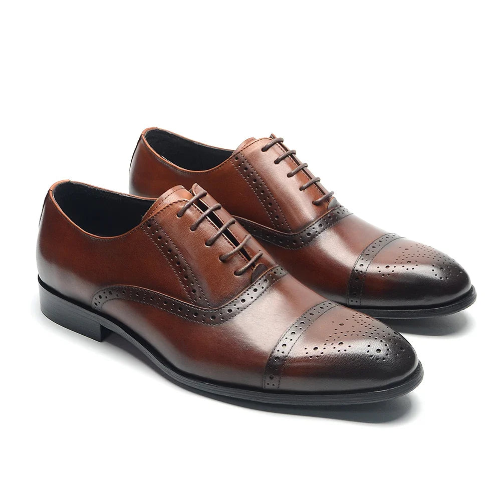 Italian Mens Dress Shoes Genuine Leather Cap Toe Oxfords Lace-up Black Brown Wedding Business Office Brogue Formal Shoes for Men