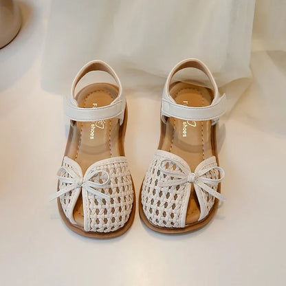 Girls Princess Shoes Weave Breathable Kids Beach Shoes with Simple Bows 2025 Summer New Children Sandals Soild Color Non-slip