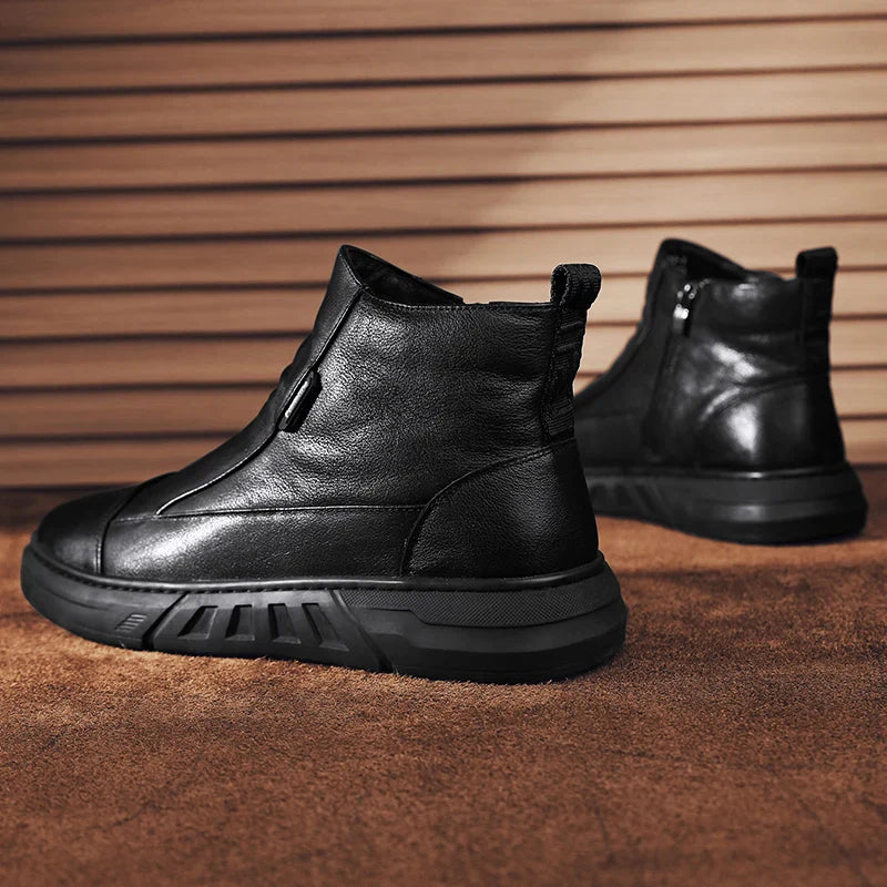 Winter Quality High Top Mens Leather Boots Zip Fashion Plush Warm Men Ankle Boots Soft Sole Male Casual Boots Platform Work Boot