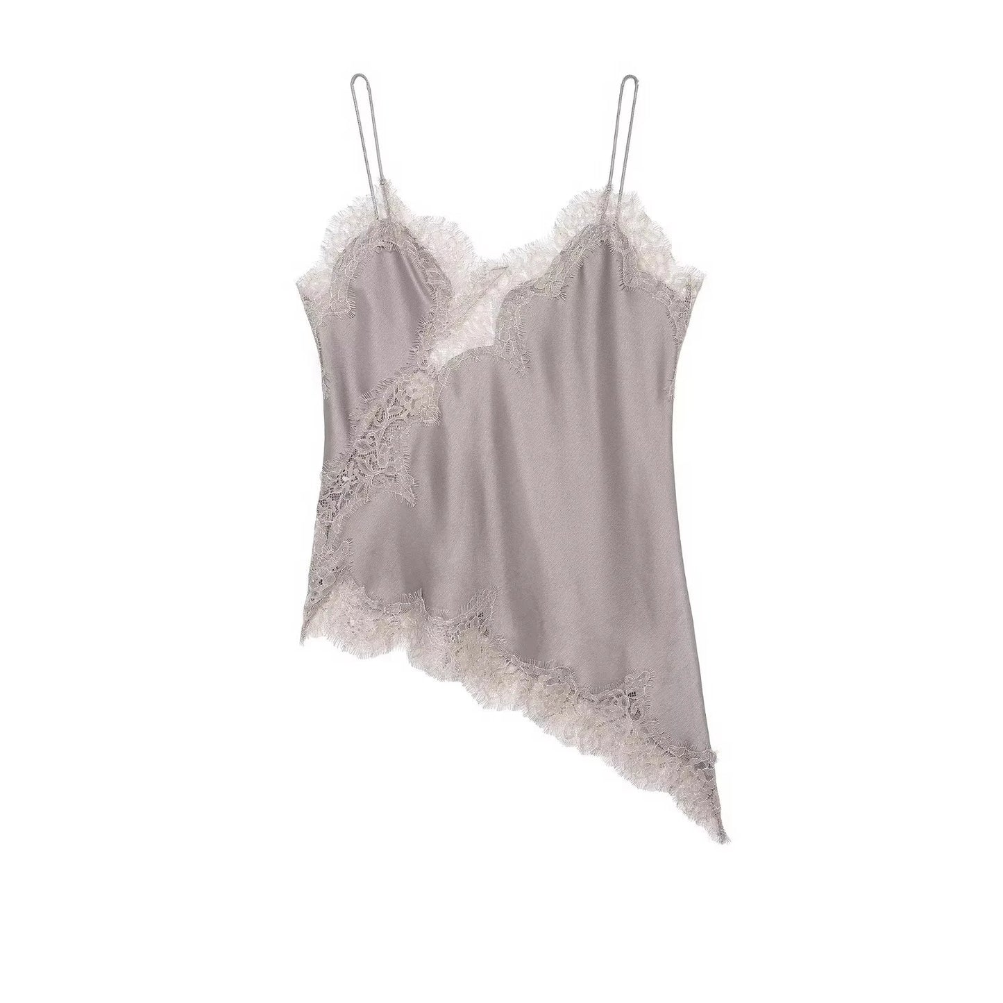 Women Fashion Lace Stitching Camisole Asymmetric Hem Sexy Backless Tank Top Summer Trend Lady Club Party Evening Chic Tops