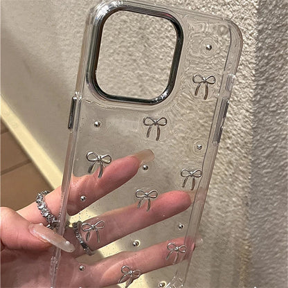 INS Korea Glitter 3D Silver Bow Beads Phone Case For iPhone 16 15 14 13 12 11 17 Pro Max 7 8 Plus X Epoxy Shell Girl Clear Cover