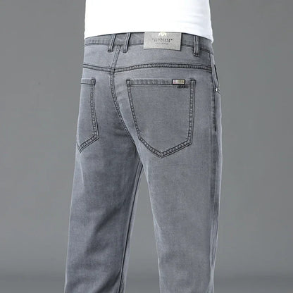 Summer Lyocell Ultra-thin Jeans Men Straight Stretch Breathable Denim Pants Fashion Business Casual Male Trousers Black Gray