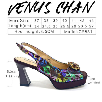 Elegant Women Heels for Peep Toe Good Material Design Rhinestone Fuchsia Sandals Italian Shoes and Bags Matching Set 2025