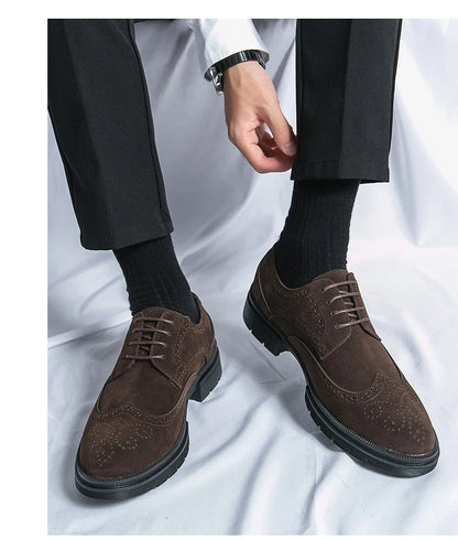 Leather Brock carved business dress shoes for men round head lace-up casual shoes