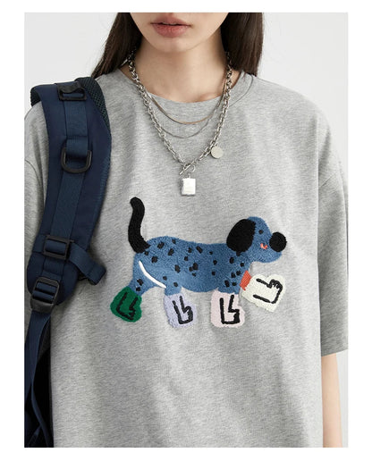 CHIC VEN Camisetas Femininas Soltas Streetwear Unissex Divertido Cão Bordado Manga Curta Algodão Blusas Menina Femininas Verão 2025