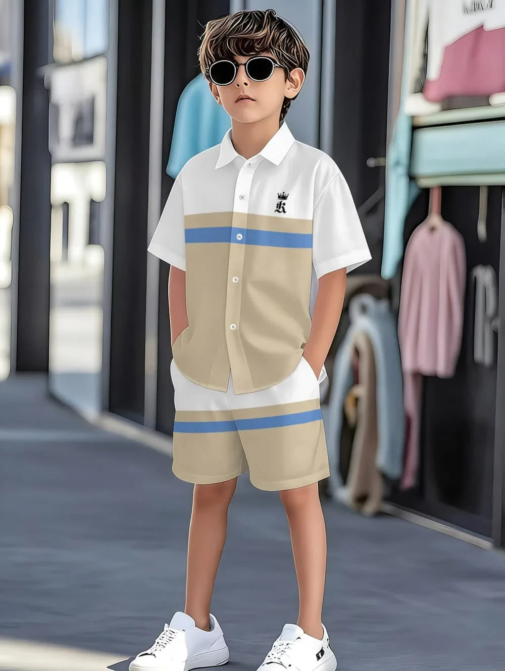 Boys Clothes Casual Colorblock Short Sleeve Shirt + Shorts Kids' Sets and Outfits Outdoor Quick Drying Shirt Casual Children Top