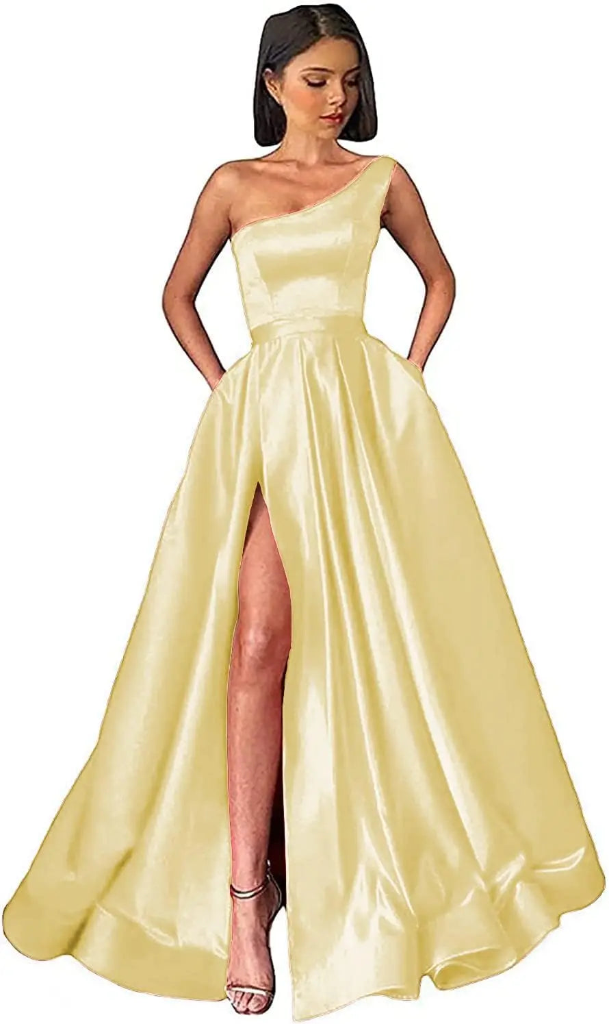 Women's One Shoulder Prom Dresses with Pocket High Slit Pleated Satin Corset Formal Gowns Evening Dress A Line Bridesmaid Gown