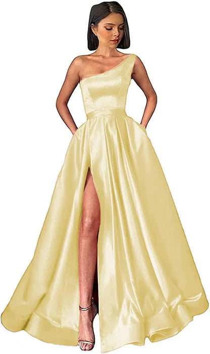 Women's One Shoulder Prom Dresses with Pocket High Slit Pleated Satin Corset Formal Gowns Evening Dress A Line Bridesmaid Gown