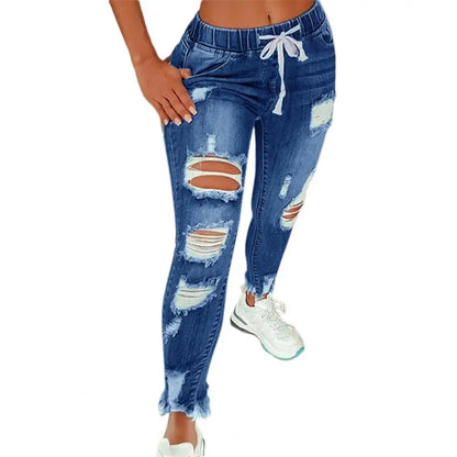 Stretchy Ripped Hole Jeans Women Straight Denim Trousers