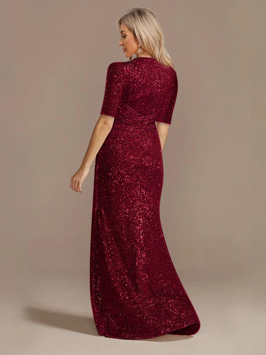 Vestidos de Noite Luxuosos Vermelhos Longos com Decote V para Mulheres Elegantes, Maxi com Paetês, Mangas Curtas para Formatura e Coquetel