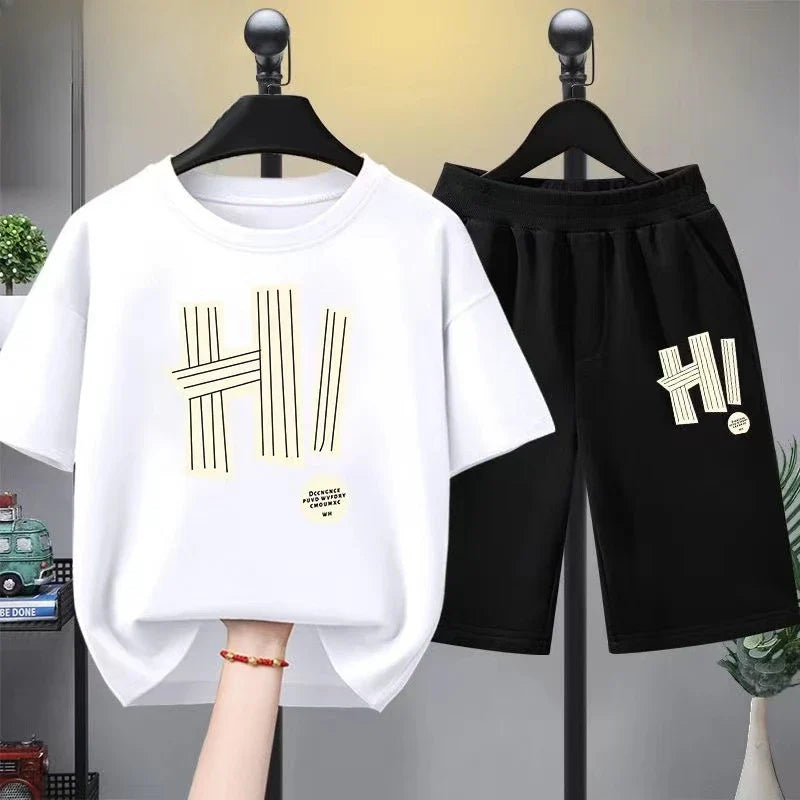 Summer Boy and Girl Set, Children's Boy Letter Printed T-shirt and Shorts 2-piece Set, Children's Short Sleeved Top and Bottom