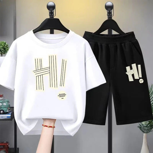 Summer Boy and Girl Set, Children's Boy Letter Printed T-shirt and Shorts 2-piece Set, Children's Short Sleeved Top and Bottom