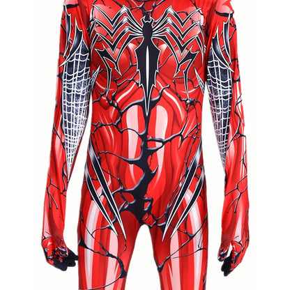 Kids Red Venom Spider Costume with Mesh Mask Zipper Hooded Jumpsuit for Halloween Party Cosplay Mardi Gras Performance Costume