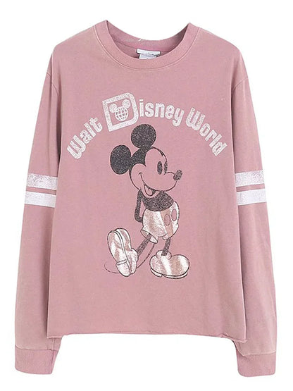 Retro Distressed Sweatshirt Women Mickey Mouse Casual Pullover Tops O Neck Long Sleeve Jumper Streetwear