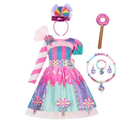 Girls Candy Fairy Lollipop Cosplay Costume Toddler Carnival Purim Rainbow Vestidos Girls Birthday Party Long Short Sleeves Dress