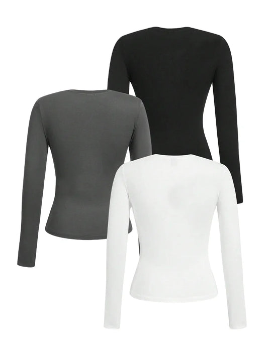 Women's solid-color long-sleeved T-shirt - Polyester knitted fabric, round neck, regular fit, fall-winter style