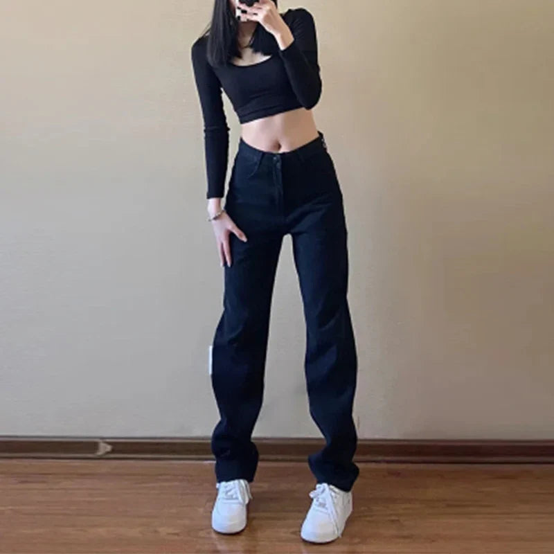 Fashionable Casual Straight Leg Women's Pure Black Jeans High Waisted Slim Fit Wide Leg Pants 2024 New Jeans