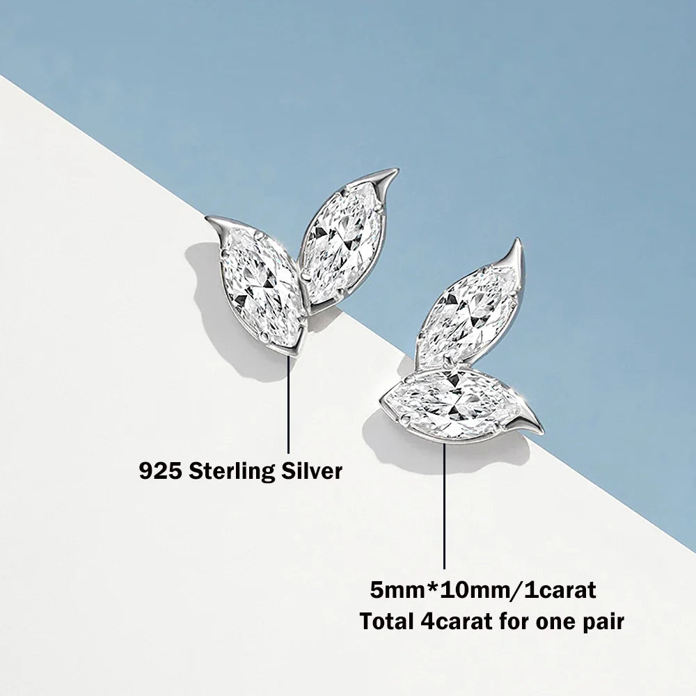 2-Leaves Moissanite Stud Earrings for Women 4Cttw Marquise Cut Lab Diamond Earring 925 Sterling Silver Ear Studs Fine Jewelry
