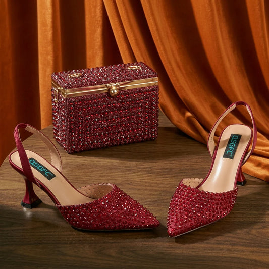 New Wine Red High Heels Shoes And Bag Dotted Crystal Wedding Party Spring, Summer, and Autumn Fashion Women's Noble Sandals