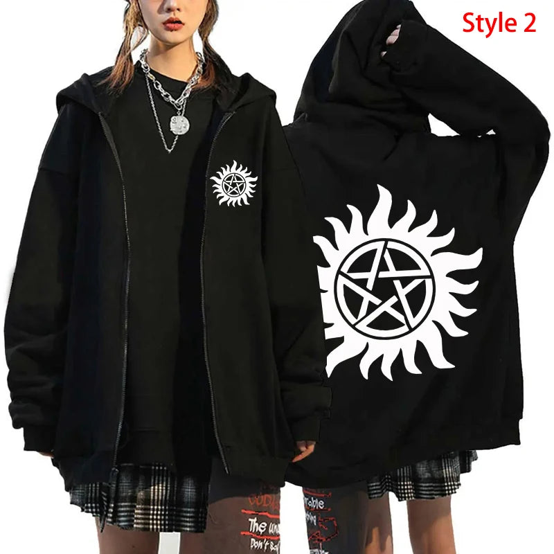 Fashion Unisex Autumn Winter Coat Supernatural Print Zipper Hoodie Casual Long Sleeve Tops Women Men Harajuku Zipper Sweatshirt