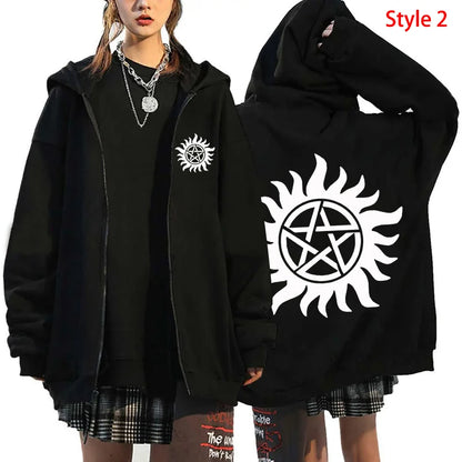 Fashion Unisex Autumn Winter Coat Supernatural Print Zipper Hoodie Casual Long Sleeve Tops Women Men Harajuku Zipper Sweatshirt