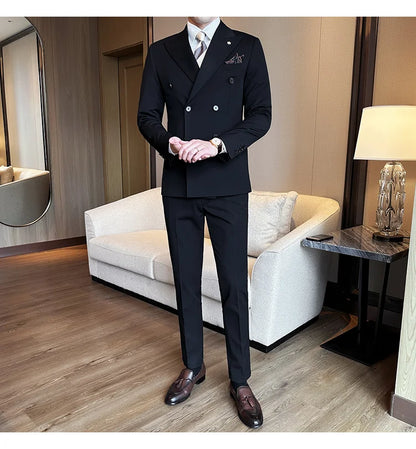 (Jackets+Pants) Luxury Double Breasted Design Slim Fit Suit High Quality Fashion Men's Wedding Social Suit Tuxedo 2 Piece Set