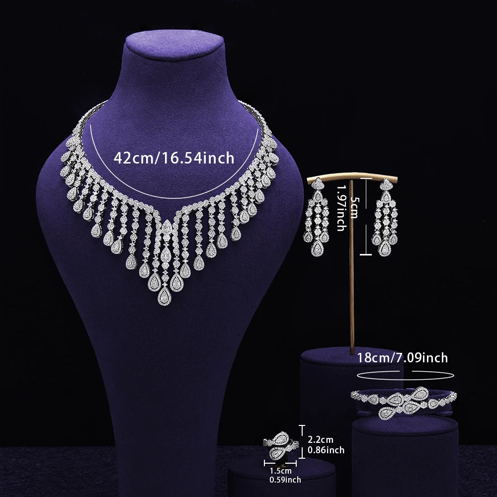 Luxury  4 Pieces Bridal Wedding Jewelry for Women Cubic Zirconia Water Drop Earrings Tassel Necklace Jewelry Sets Party Gift