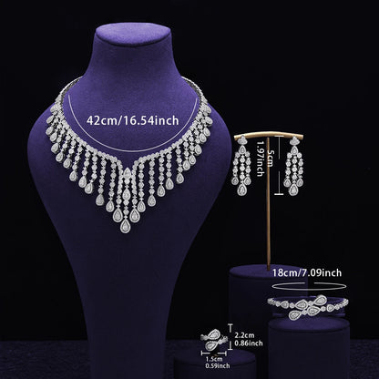 Luxury  4 Pieces Bridal Wedding Jewelry for Women Cubic Zirconia Water Drop Earrings Tassel Necklace Jewelry Sets Party Gift