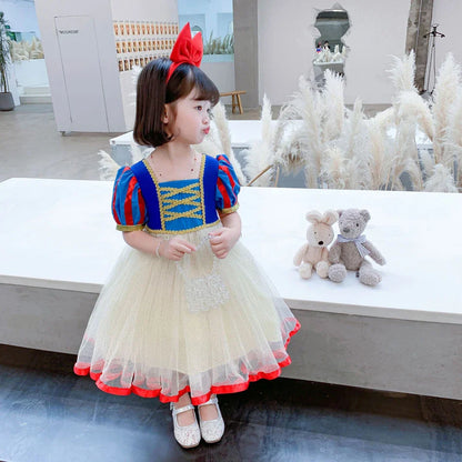 Summer Snow White Dress for Girls Breathable Puffed-Sleeve Tulle Princess Dress Snow White Themed Party Gown Halloween Costume