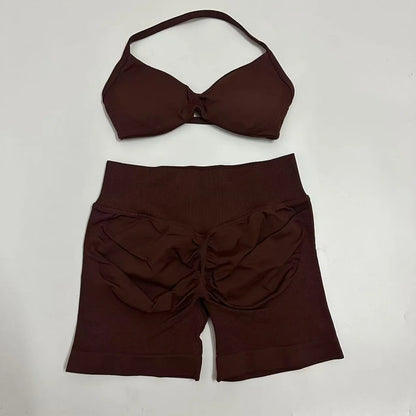 Yoga Gym Set Women Seamless Strappy Yoga Bra Top High Waist Workout Scrunch Shorts Sports Set Fitness Clothes Sportswear
