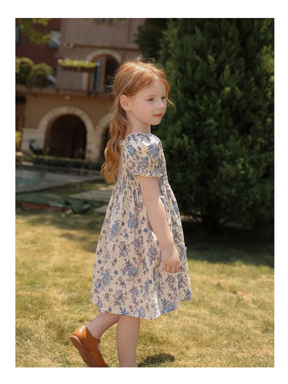 1-6Yrs Casual Summer Kids Girls Dress Floral Kids Clothes Ruffled Collar Purple Baby Girl Princess Dress New Flower Girl Dresses