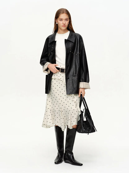 Irregular Ruffle Polka Dot Midi Skirt New Spring High-waisted A-line Skirt for Commuting Knee-length Trendy Korean Style