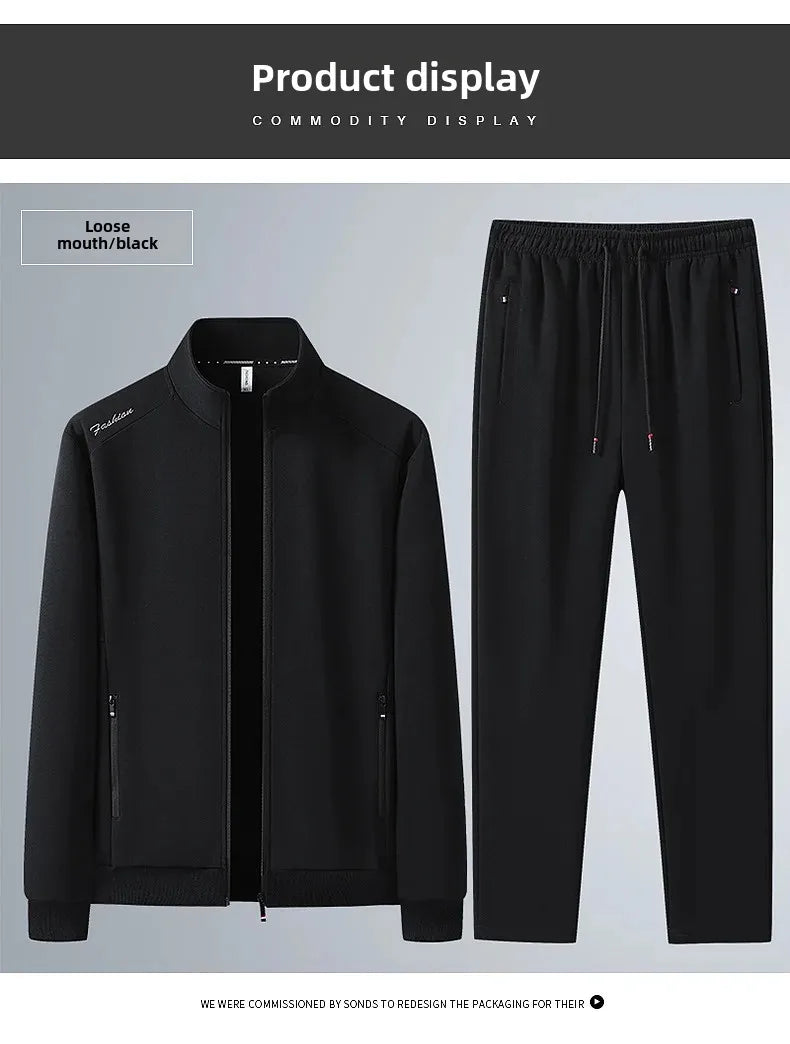 Spring Autumn New Men's Cotton Sports Suit Stand Collar Sweatshirt Middle-Aged And Elderly Casual Stylish Cardigan Loose-Fit 2-P