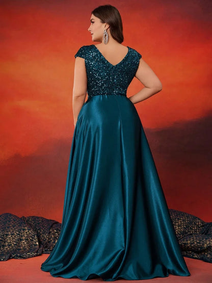 Plus Size Elegant V-Neck Blue Sequins Evening Dress Long Luxury Women Satin Sleevesless Party Prom Cocktail  Gowns
