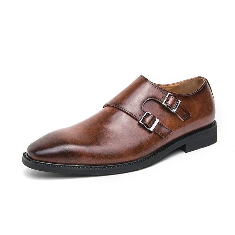 Sapato Social Clássico Retrô Masculino Modelo Monk de Couro com Fivela Bico Fino para Escritório Casamento Confortável
