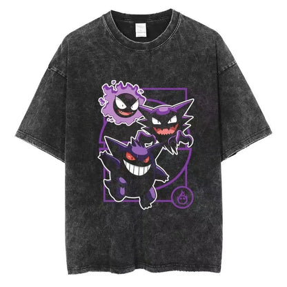2026 Anime Washed Vintage Summer Gengar Short Sleeve Tee Graphic T-Shirt Man Women Cosplay Casual Tops Y2k Streetwear