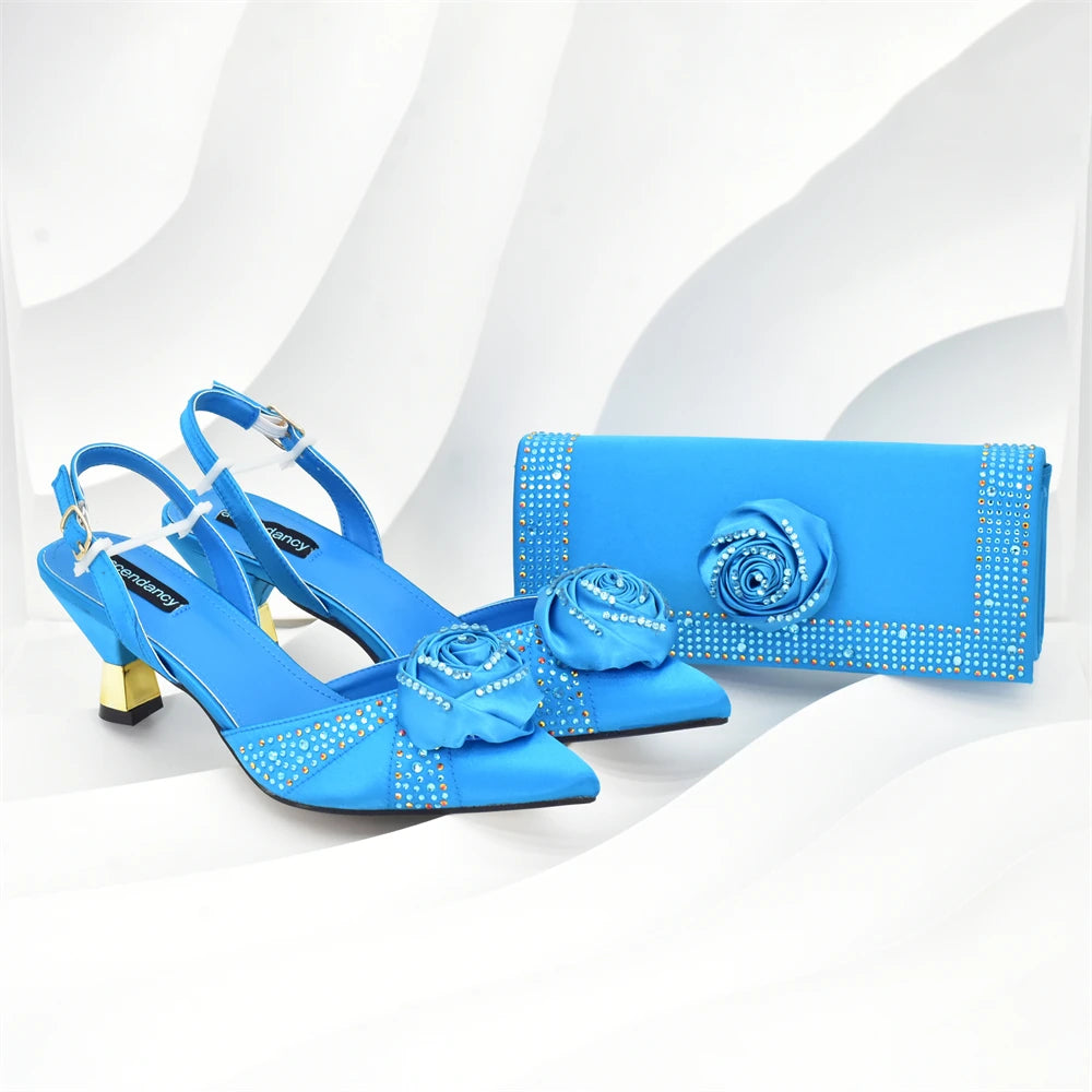 Luxury Italian Shoes and Bag Set for Women Pointed Toe High Heels Party Dress Female Pumps Decorated with Handmade Flowers