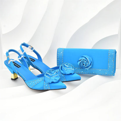 Luxury Italian Shoes and Bag Set for Women Pointed Toe High Heels Party Dress Female Pumps Decorated with Handmade Flowers