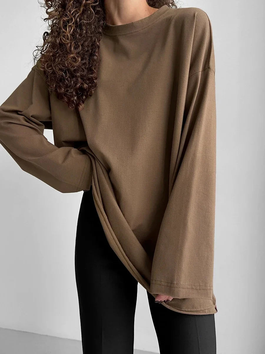 Women Summer 100% Cotton T-shirt Bottoming Spring Basic Fashionable Solid Lady Long Sleeve Loose Tops Shirts