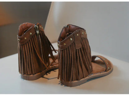 One-strap Summer Roman Shoes for Girls Tassel Rivets High-top Sandals Little Girl Soft Sole Bohemian Dress Shoes Child I06133